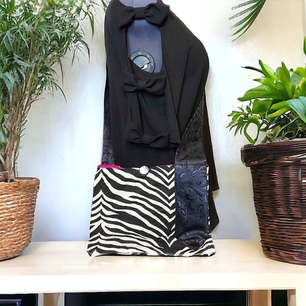 Handmade Brushed Cotton Zebra Print Crossbody Tote Bag With Silk Tie Strap